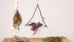 Two dried floral arrangements hanging on a wall, one of which is a triangle of twigs banded together with purple, yellow, and tan plants, the other with eucalyptus and other dried flowers tied with a cream-colored satin ribbon.