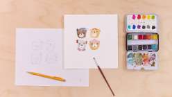 A sketch and a watercolor of four bears, both from Maria Carluccio's Celebrate the Season Daily Holiday Painting Practice class on Creativebug.