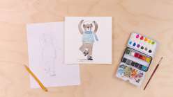 A pencil sketch of a bear in a ballerina pose next to a watercolor of the bear wearing a blue vest, earmuffs, and dancing, both from Maria Carluccio's Celebrate the Season Daily Holiday Painting Practice class on Creativebug.
