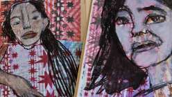 Two images of collaged women from Creativebug's Altered Books Daily Practice class