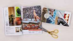 An open, collaged board book next to its source material from Creativebug's Altered Books Daily Practice class