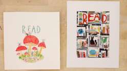 A watercolored poster of mushrooms and mice with the word read in blue lettering above next to a collaged poster of a bookshelf with the word read in red lettering from Maria Carlucci's Make an Inspirational Art Poster Creativebug class