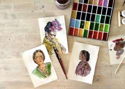 An image of three paintings of women made by Courtney Ceruti in her Blotted Line Monoprint portrait class on Creativebug