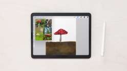 A tablet showing a red mushroom made in Sanae Ishida's Watercolor Painting in Procreate class on Creativebug