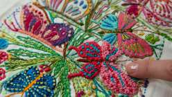 A close-up image of Rebecca Ringquist's Spring Fling Embroidery Sampler taught in her class on Creativebug.