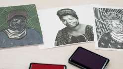A source image of Maya Angelou and two posters of her portrait made by Sarah Matthews in her Carve and Print a Multi-Block Relief Portrait class on Creativebug.