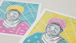 Two block printed posters of Maya Angelou made by Sarah Matthews in her Carve and Print a Multi-Block Relief Portrait class on Creativebug.