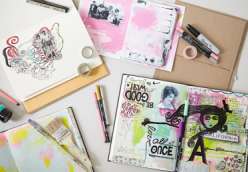 Dawn DeVries Sokol teaches you how to make an art journal: one from upcycled cereal boxes and a sewn spine; the other with a hard cover book.  This is a great project for drawing, sketching or art journaling.